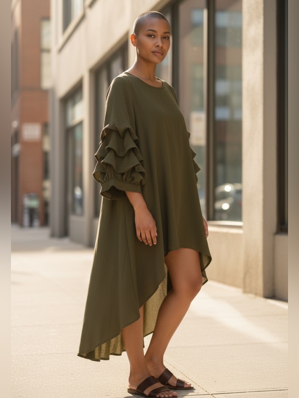 Patrizia Luca dress, olive green, size M/L. High low. Bouffant ruffled sleeves.